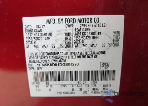 2013 Ford Explorer Xlt из США, поврежденный, VIN 1FM5K8D81DGB04293